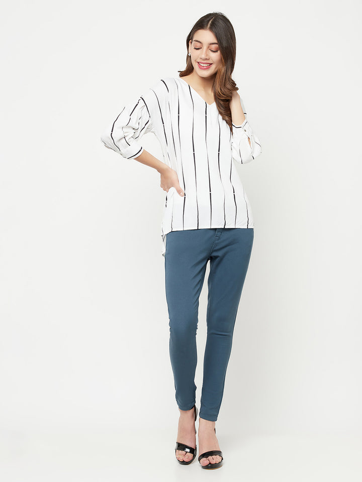 White Striped V-Neck Top - Women Tops