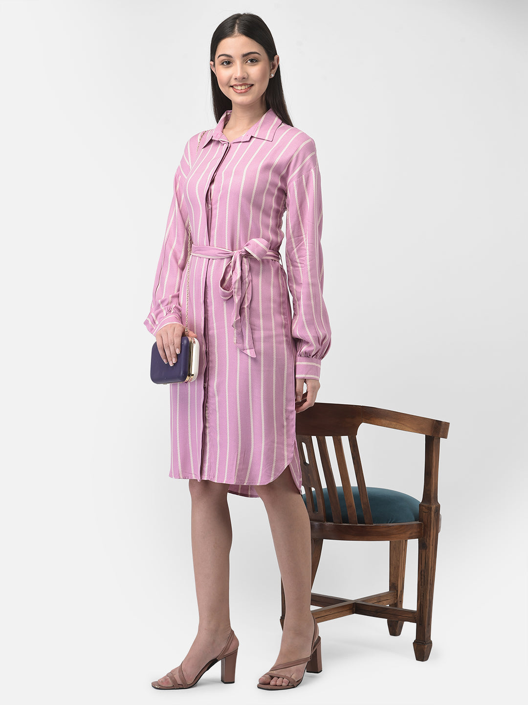 Pink Striped Shirt Dress-Women Dresses-Crimsoune Club