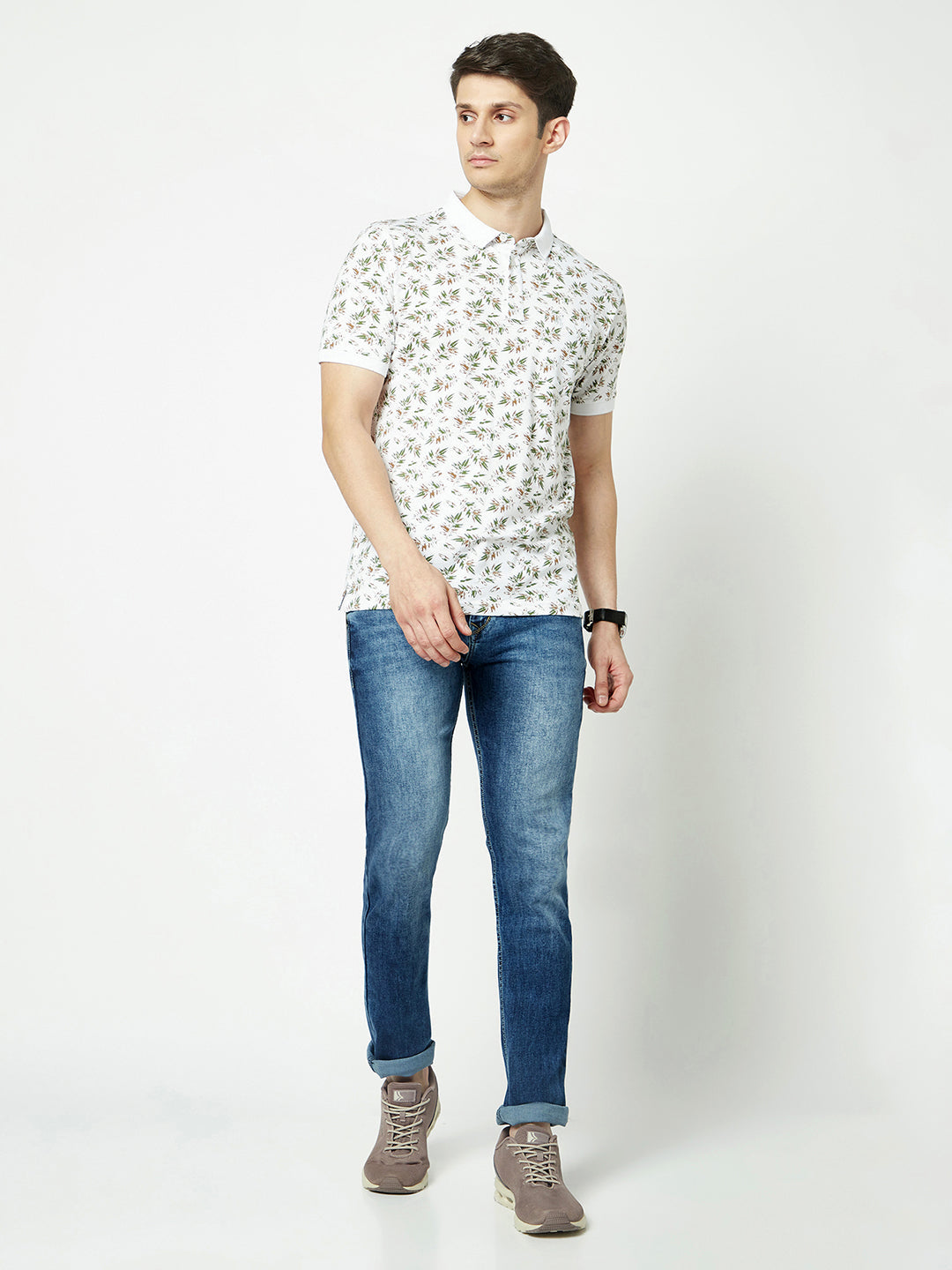  White Leaf-Print Polo T-Shirt