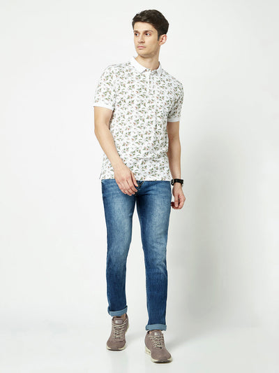  White Leaf-Print Polo T-Shirt