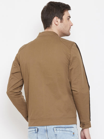 Brown Solid Mandarin Collar Jackets-Mens Jacket-Crimsoune Club