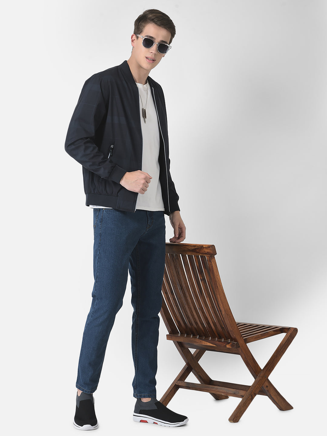  Navy Blue Checked Bomber Jacket