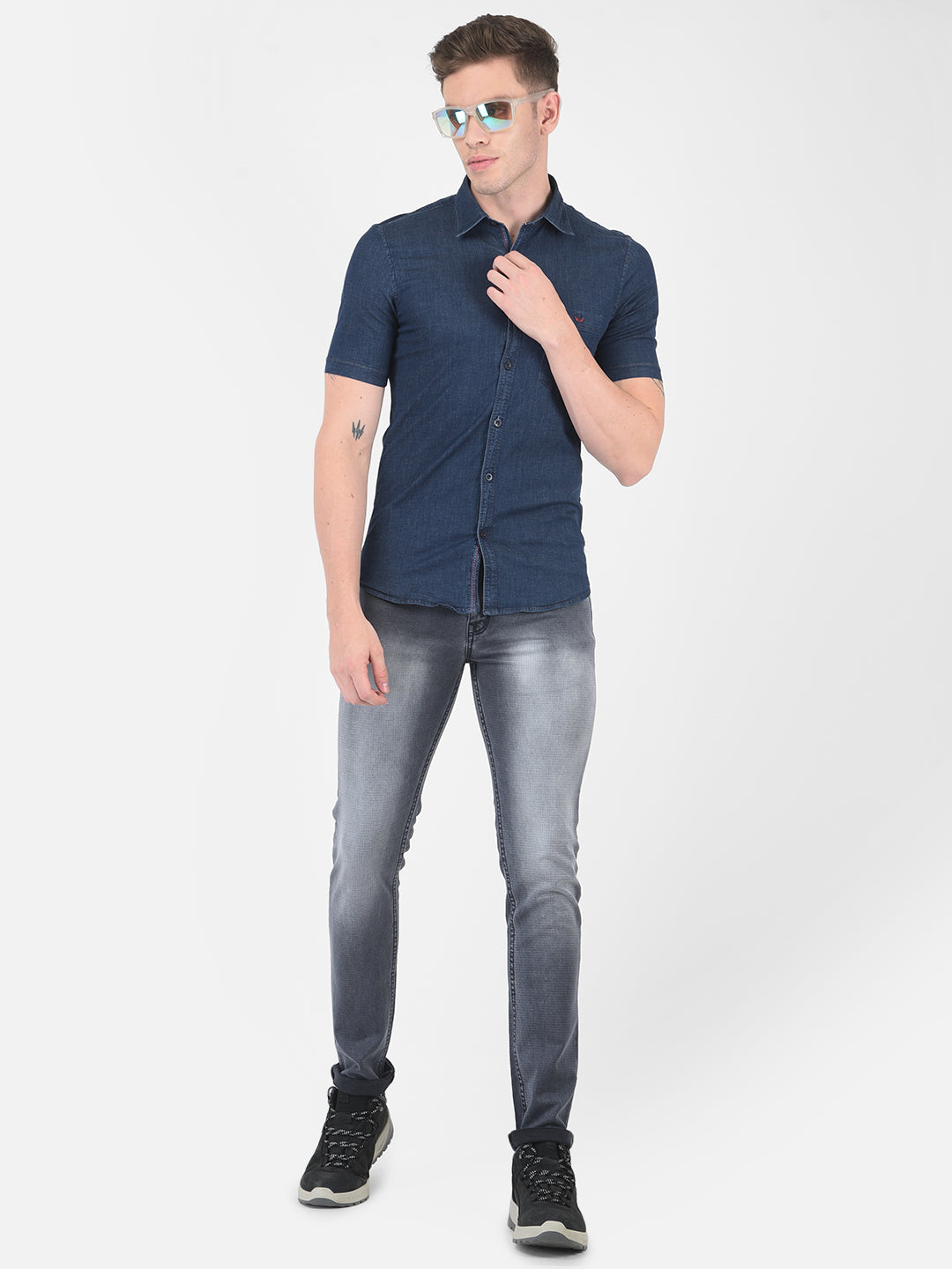 Navy Blue Denim Shirt - Men Shirts