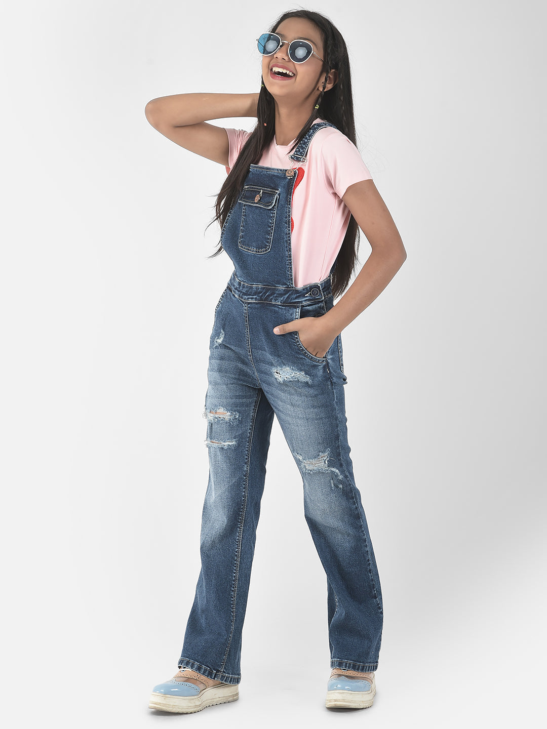 Blue Distressed Denim Dungaree