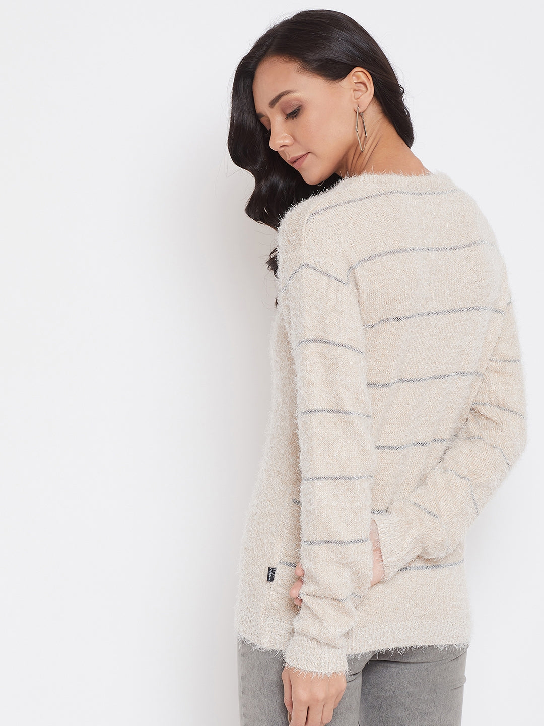 Beige Self Design Round Neck Sweater - Women Sweaters