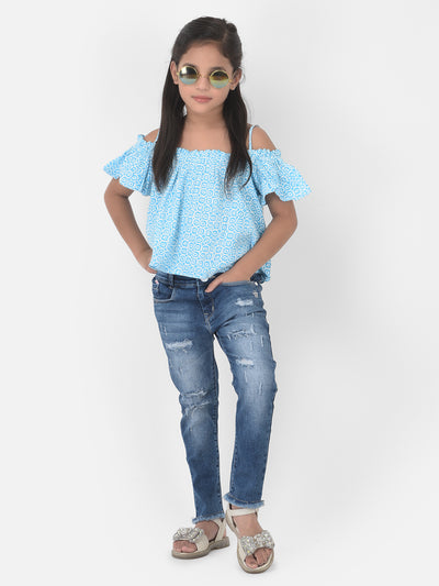 Light Blue Printed Cold Shoulder Crop Top - Girls Tops