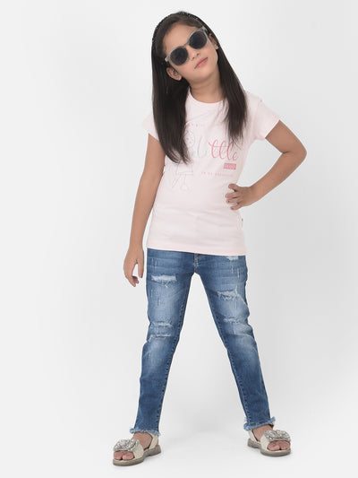 Light Pink Printed Round Neck T-Shirt - Girls T-Shirts