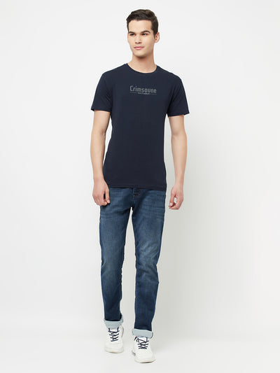 Navy Blue Printed Round Neck T-Shirt - Men T-Shirts