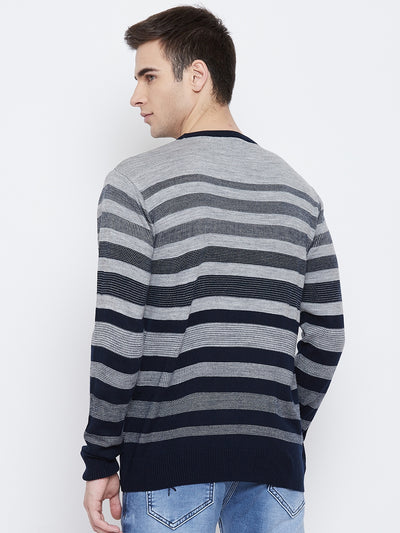Navy Blue Striped Round Neck Sweater - Men Sweaters