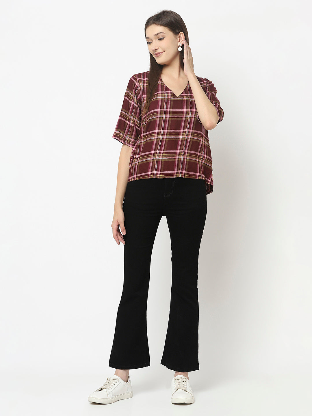 Maroon Crop Top in Tartan Checks