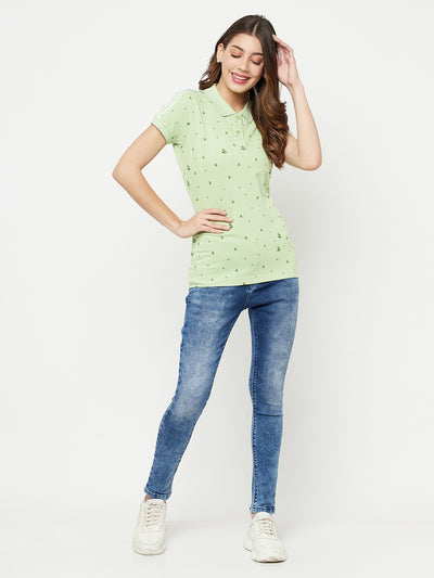 Green Floral Printed Polo Collar T-Shirt - Women T-Shirts