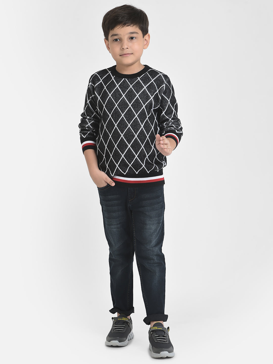 Grey Diagonal Grid Sweater-Boys Sweaters-Crimsoune Club