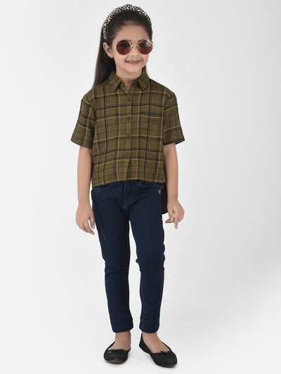 Olive Green High-Low Checked Crop Shirt - Girls Shirts