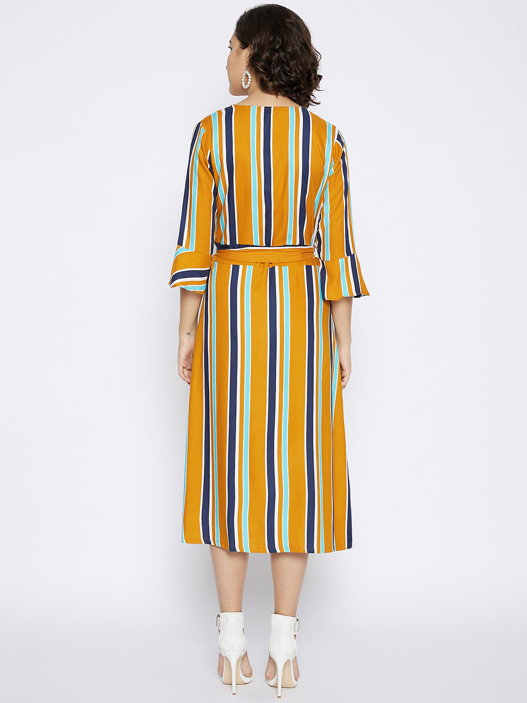 Mustard Striped Wrap Dress - Women Dresses