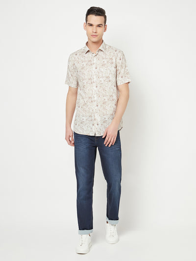 Beige Floral Printed Linen Shirt - Men Shirts