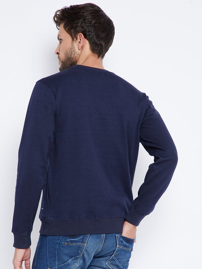 Navy Blue Printed Round Neck Sweatshirt - Men Sweatshirts