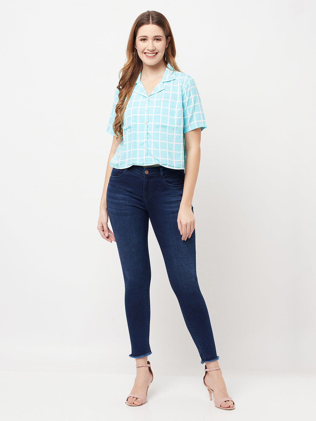 Mint-Green Graph Checked Cropped Top - Women Tops