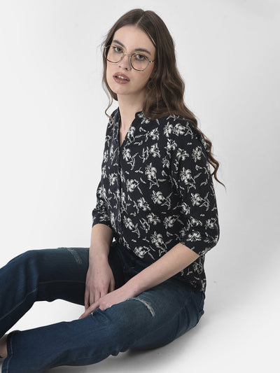  Navy-Blue High-Low Floral Shirt