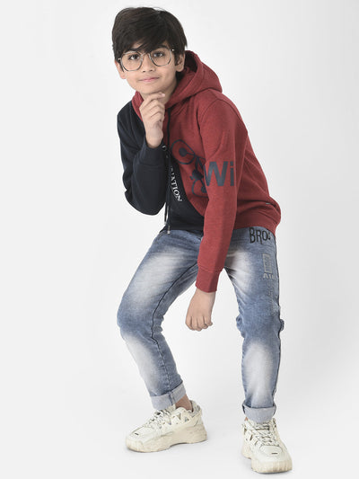  Red Colour-Blocked Graphic Hoodie