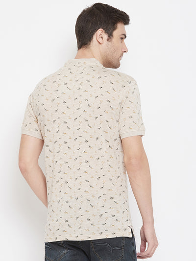 Beige Printed Mandarin Neck T-Shirt - Men T-Shirts