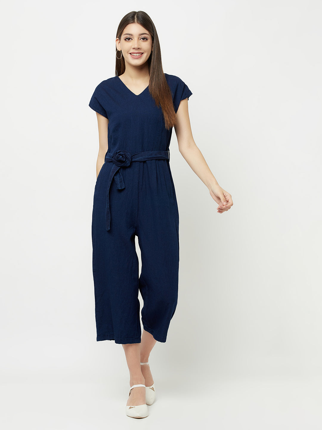 Navy Blue Denim Capri Jumpsuit - Women Jumpsuits