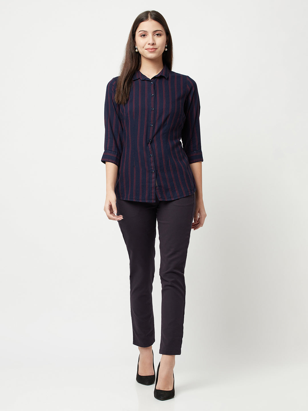 Navy Blue Striped Shirt-Women Shirts-Crimsoune Club