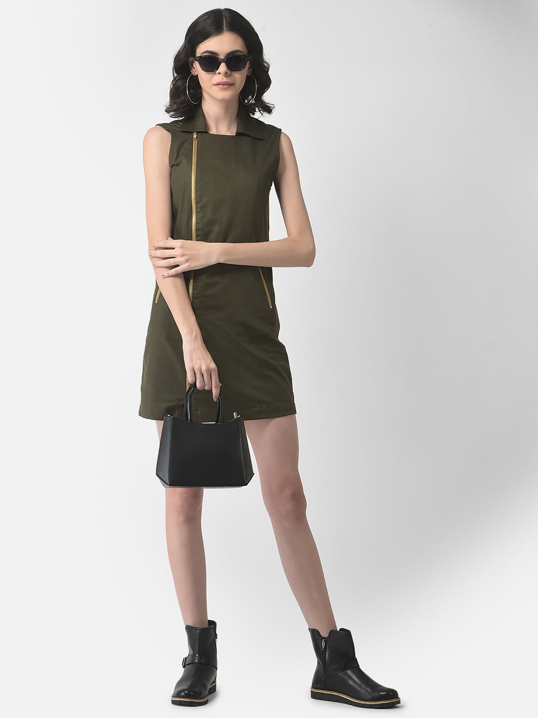 Olive Green Safari Dress-Women Dresses-Crimsoune Club