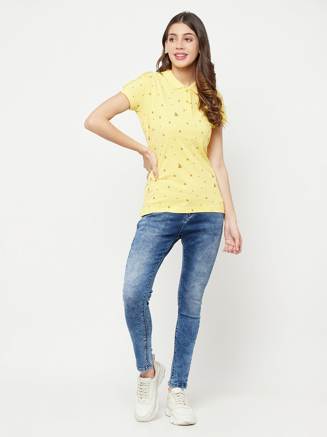 Yellow Floral Printed Polo Collar T-Shirt - Women T-Shirts