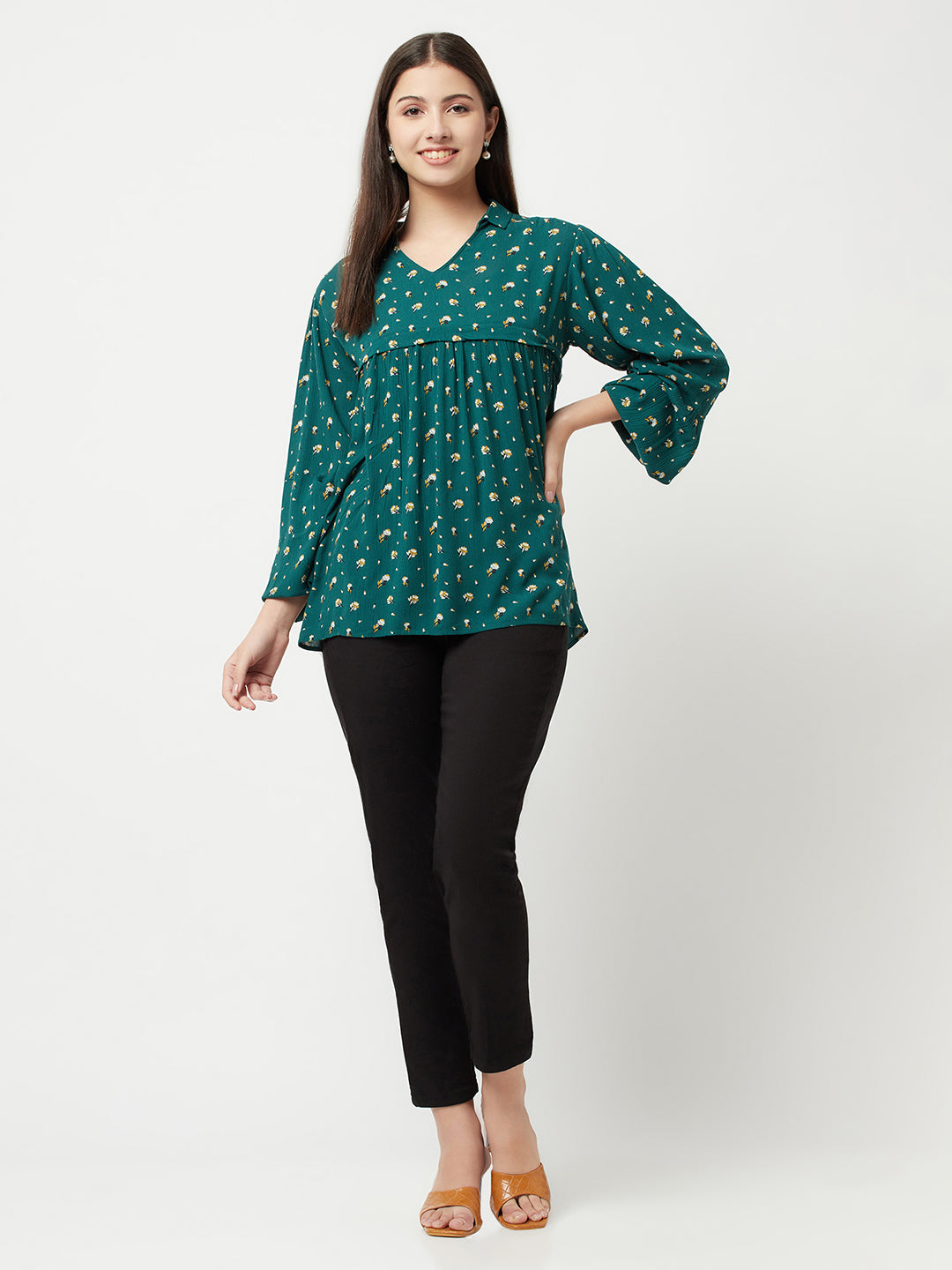 Green Floral Empire Top-Women Tops-Crimsoune Club