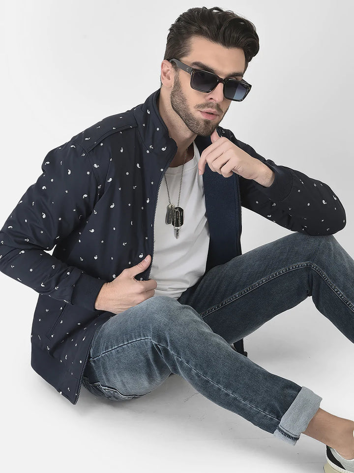 Navy Blue Printed Bomber Jacket