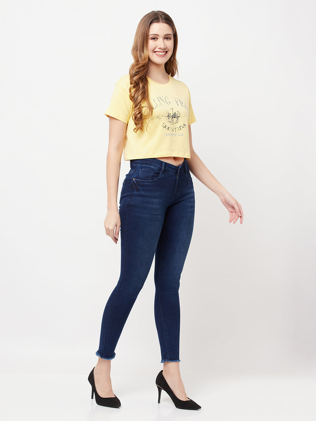 Yellow Printed Round Neck Cropped T-Shirt - Women T-Shirts