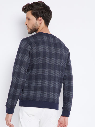 Navy Blue Checked Round Neck Sweatshirt - Men Sweatshirts