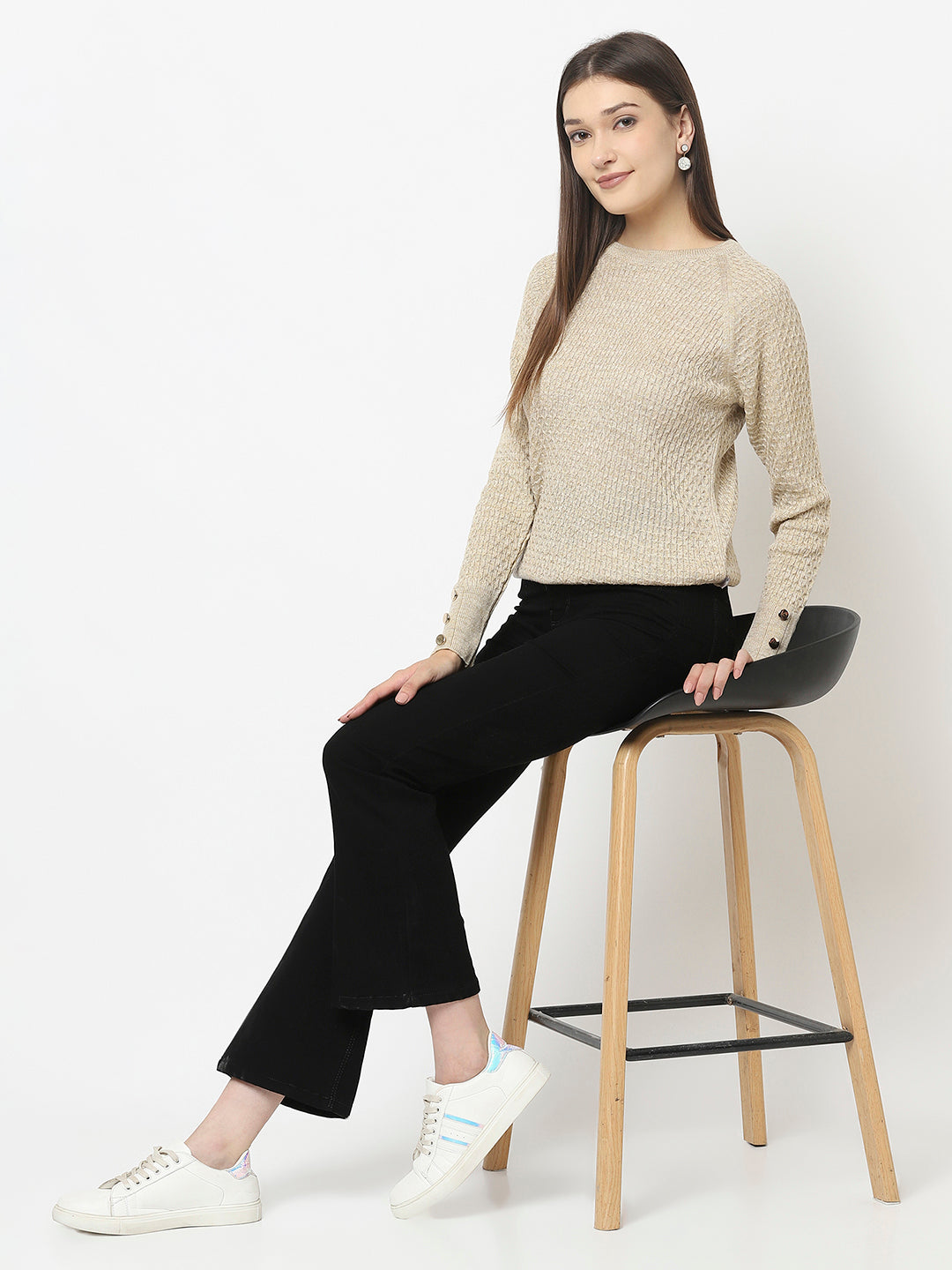 Beige Knitted Sweater with Button Detailing