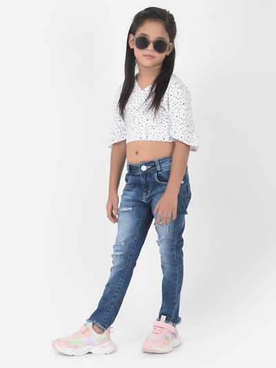 White Printed V-Neck Crop Top - Girls Tops