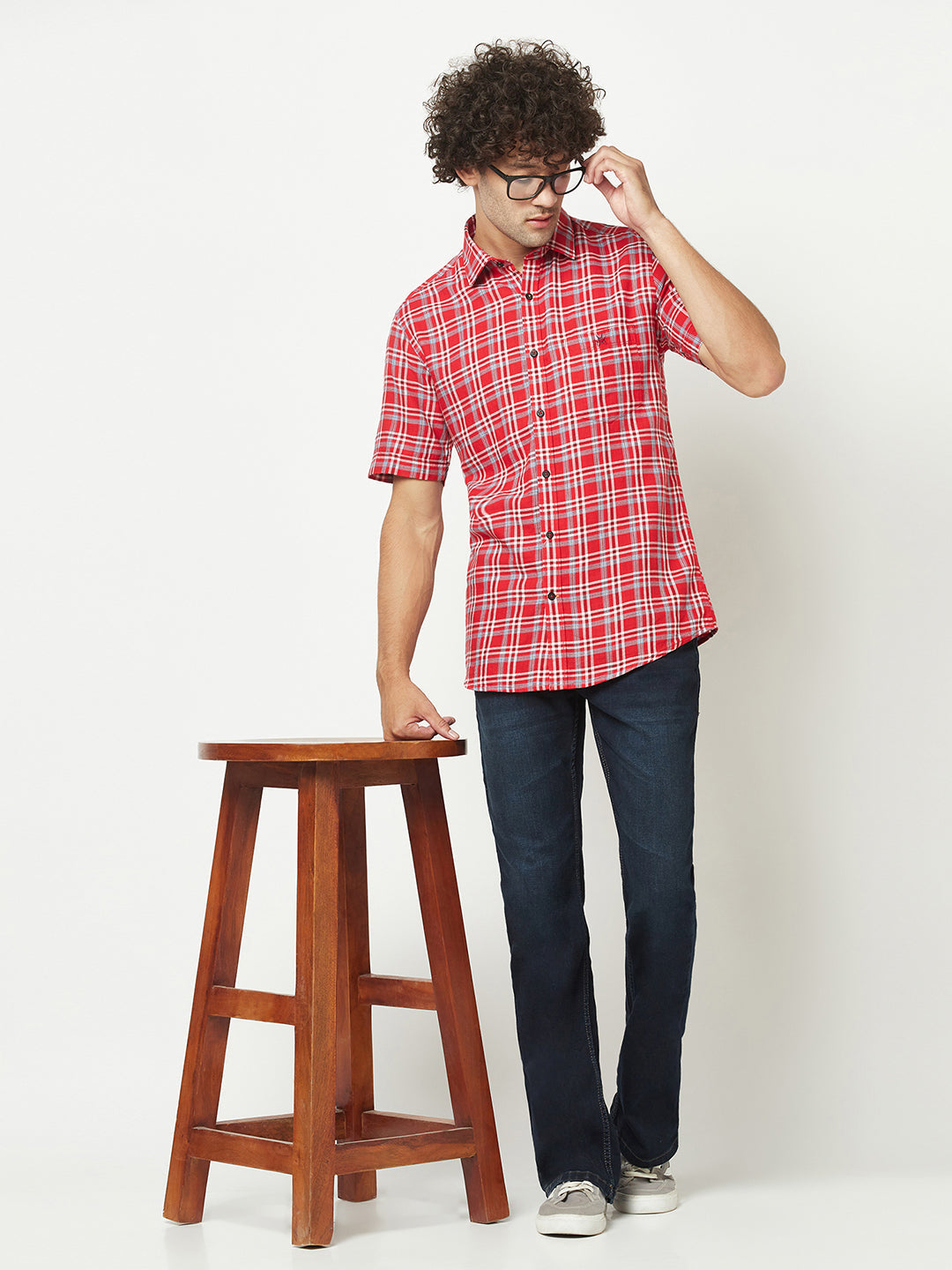  Red Short-Sleeved Flannel Shirt 