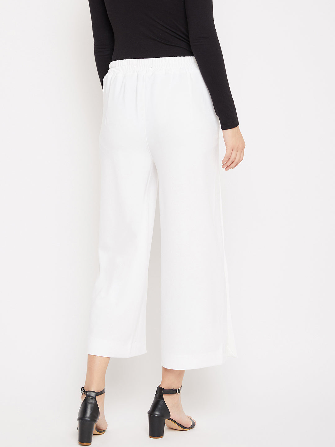 White Cotton Flared Trousers - Women Trousers