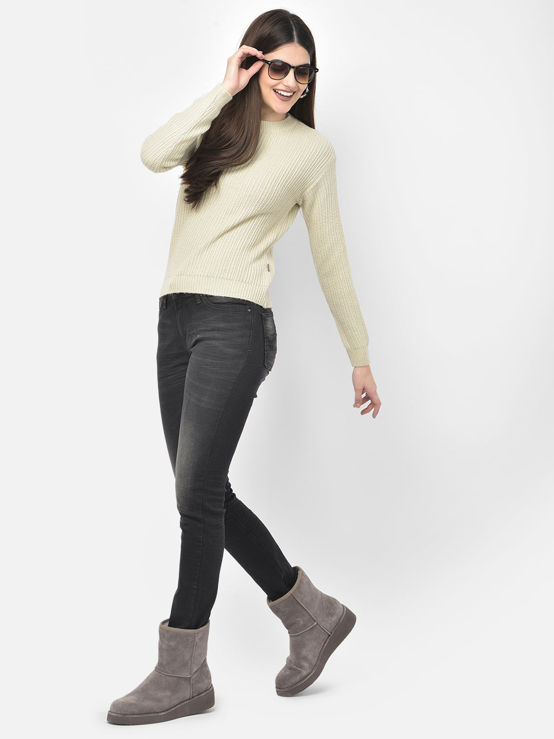 Beige Round Neck Sweater - Women Sweaters