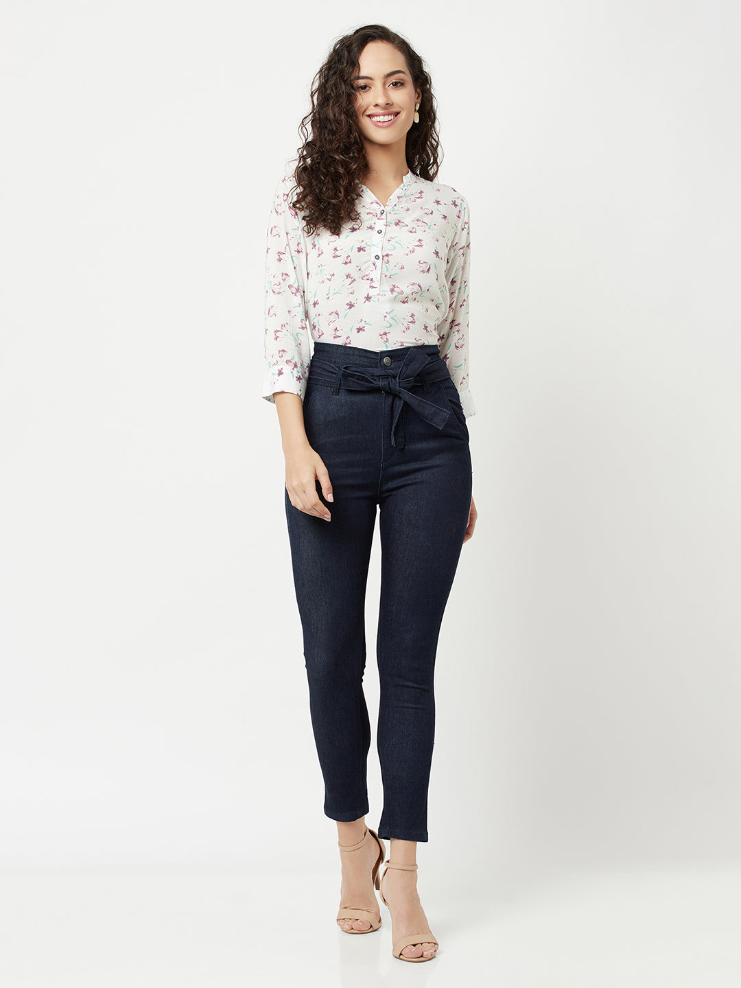 Navy Blue High waist Jeans With Belt-Women Jeans-Crimsoune Club