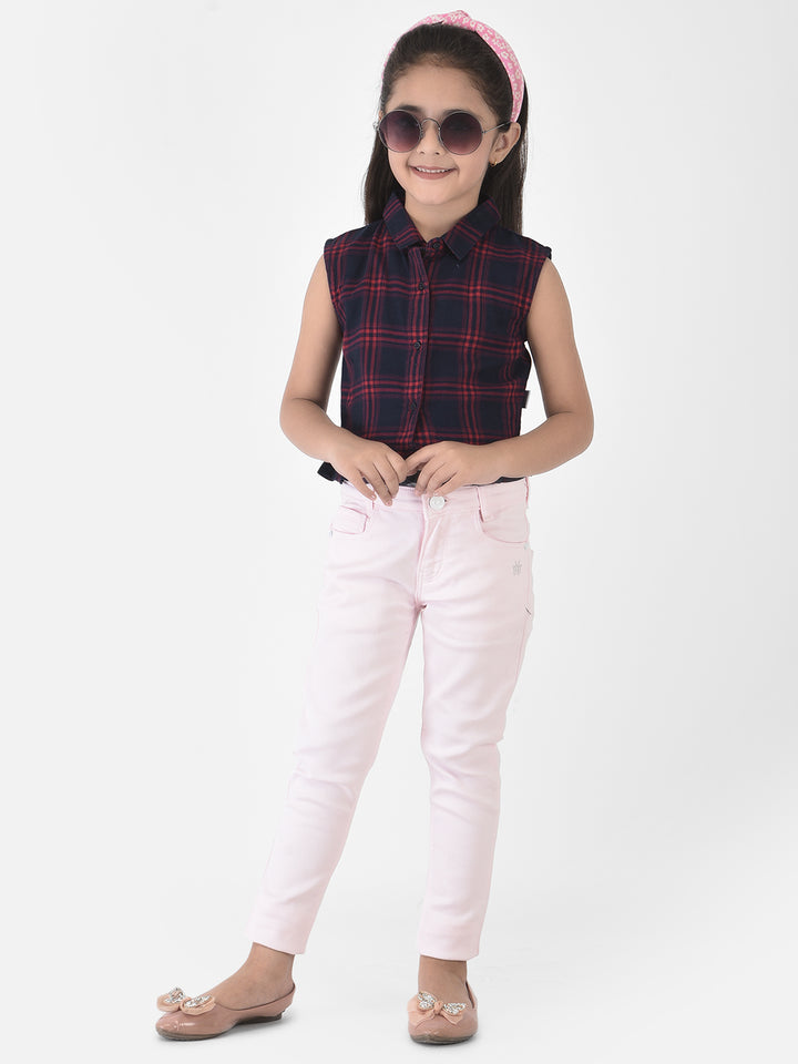 Navy Blue Tartan Checked Crop Shirt - Girls Shirts