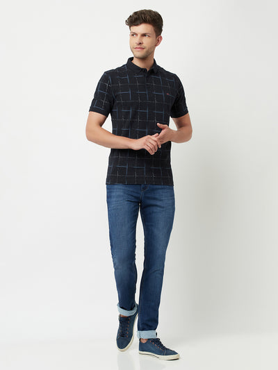 Navy Blue Checked Polo T-Shirt-Men T-Shirts-Crimsoune Club