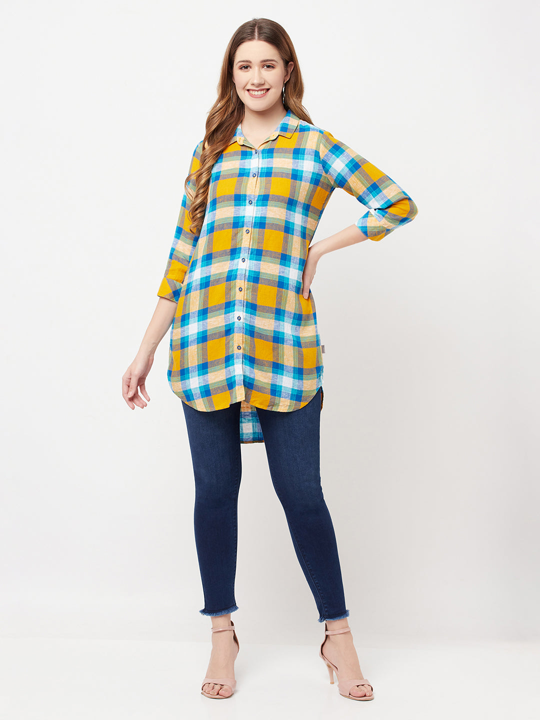 Mustard Checked Longline Shirt - Women Shirts