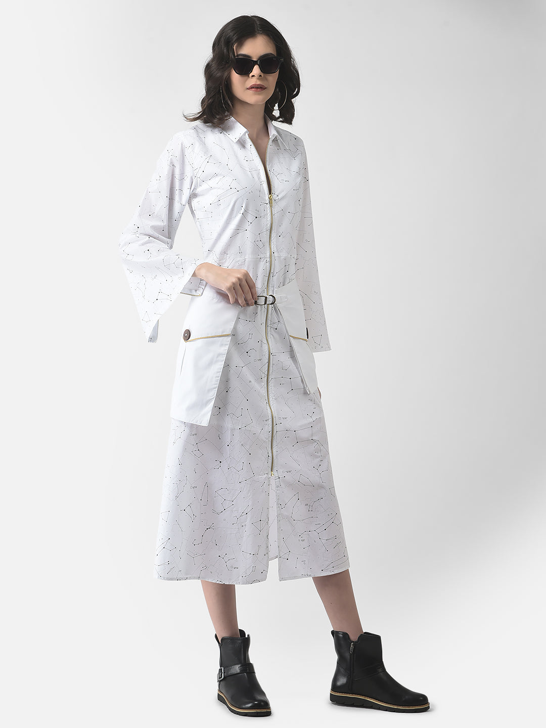 Black Constellation Print Zipper Dress-Women Dresses-Crimsoune Club