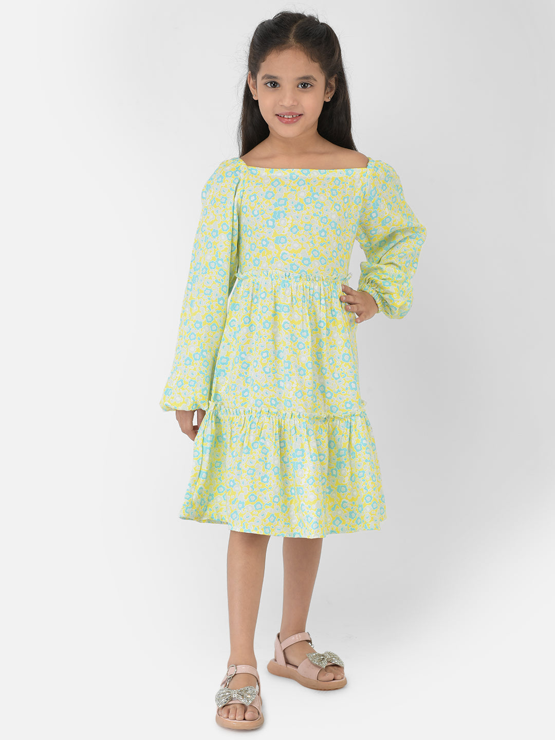 Green Floral Printed Dress - Girls Dress