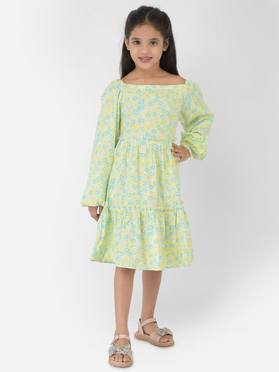 Green Floral Printed Dress - Girls Dress