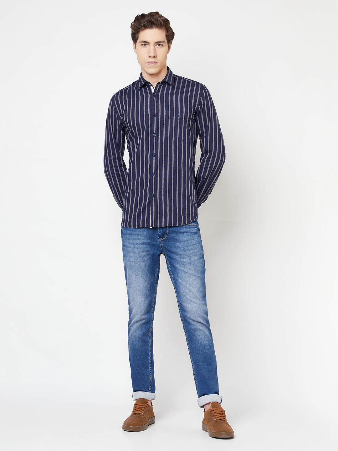 Navy Blue Striped Shirt - Men Shirts