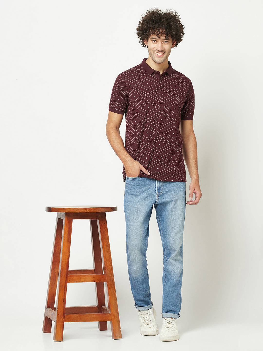  Wine Geometric Print Polo T-Shirt