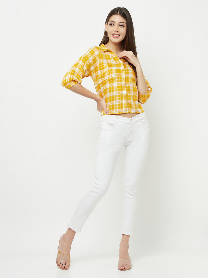 Mustard Checked Multi Pocket Cropped Shirt - Women Shirts