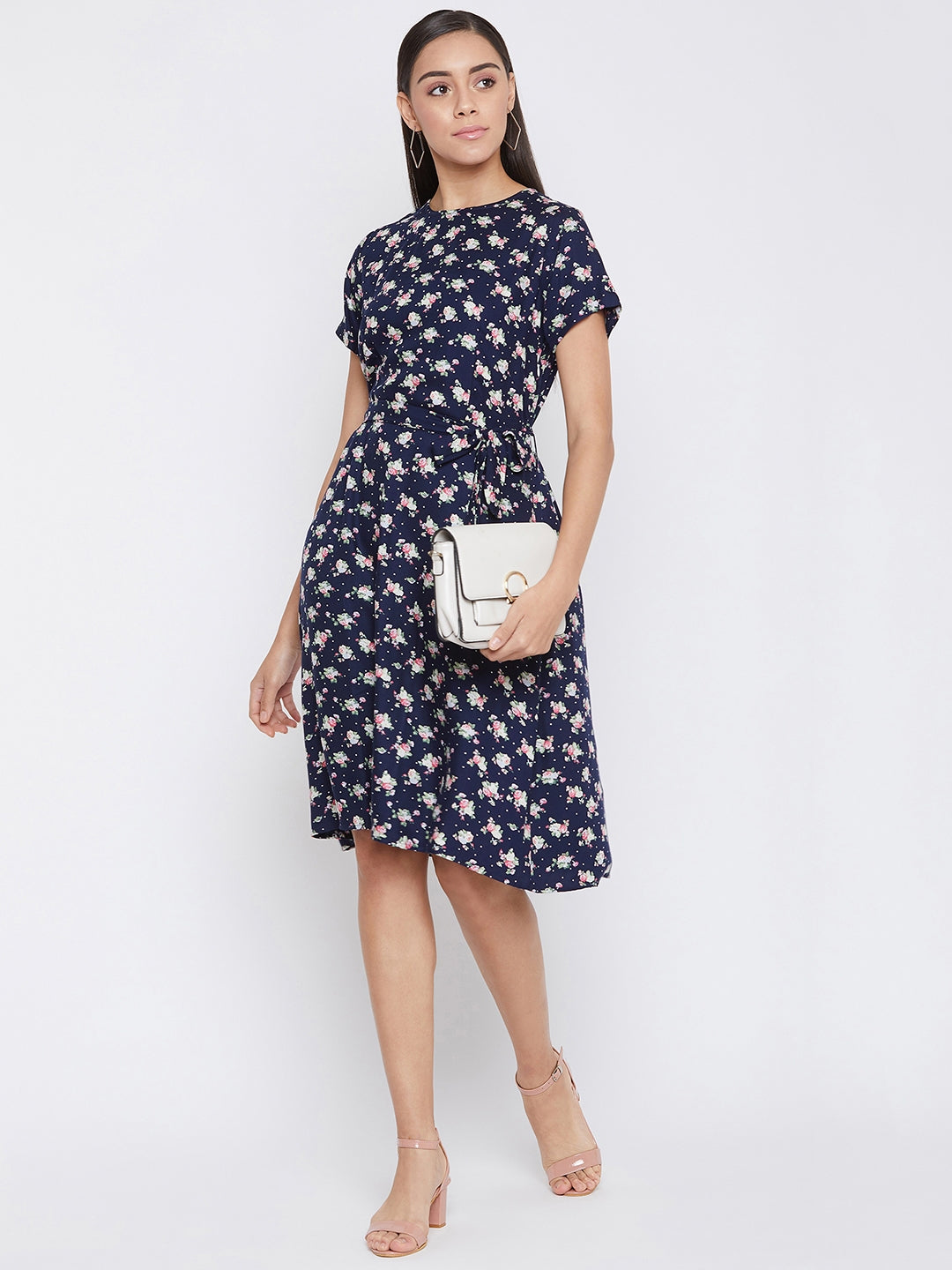 Navy Blue Floral Print Dress - Women Dresses