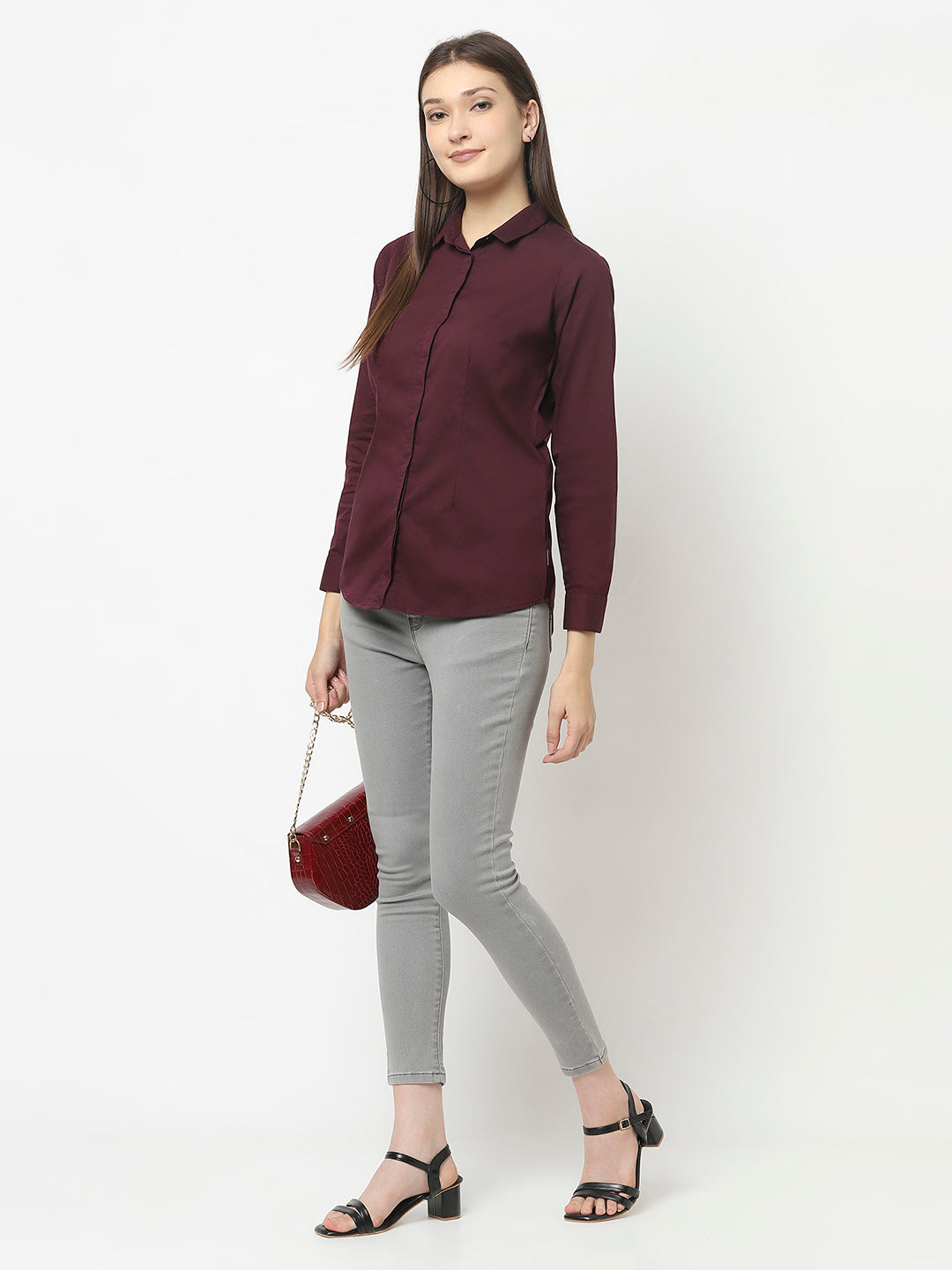 Maroon Button-Down Shirt with Gloss Effect
