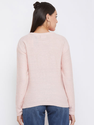 Pink Self Design Round Neck Sweater - Women Sweaters